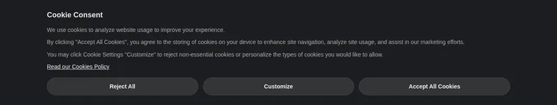 Talkie cookie consent banner with Reject All, Customize and Accept All Cookies buttons