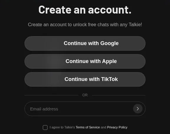 Talkie account creation modal with Google, Apple, TikTok and e-mail options