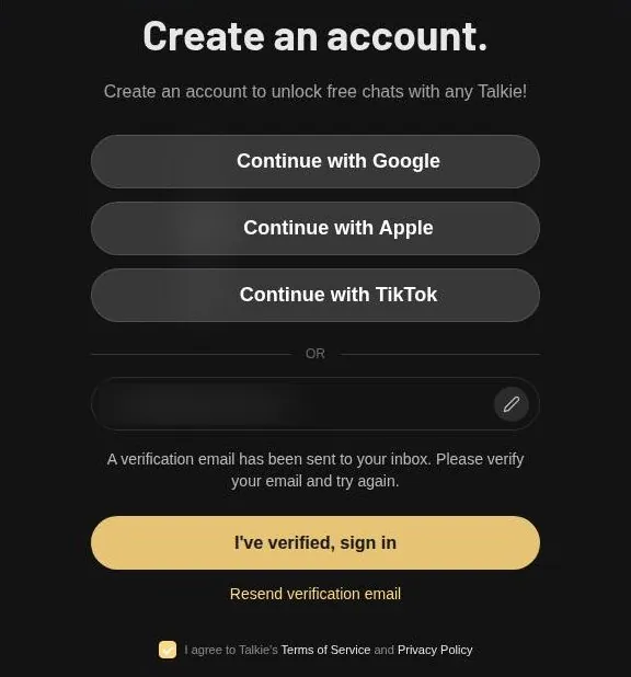 Talkie sign-up form waiting for e-mail verification with a sign-in button