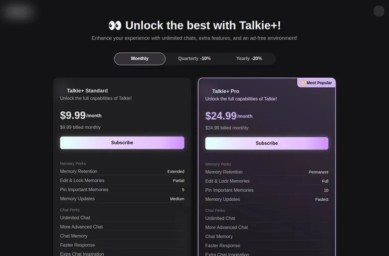 Talkie+ Standard and Pro plan cards on the monthly billing tab