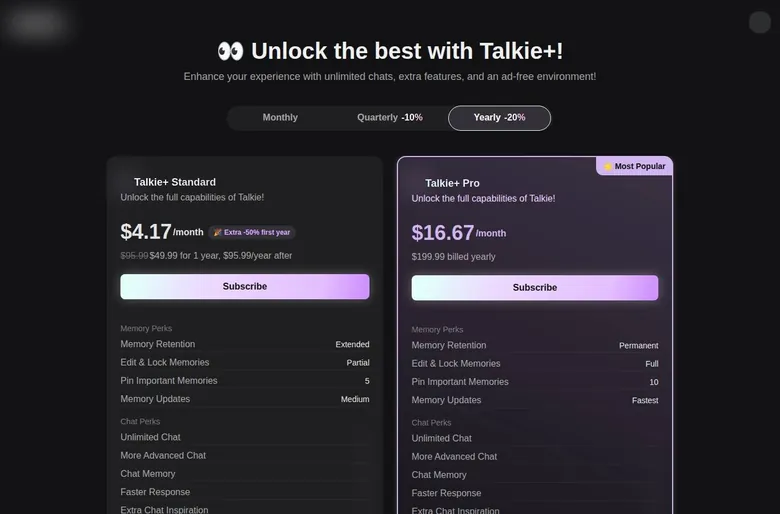 Talkie+ yearly plan cards with a first-year discount badge on Standard