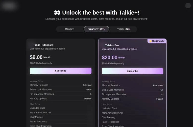 Talkie+ quarterly plan cards for Standard and Pro