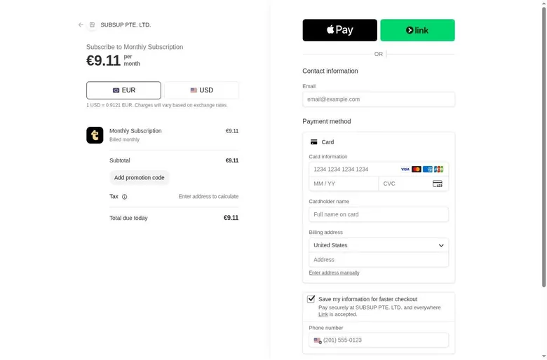 Stripe checkout page for a Talkie monthly subscription