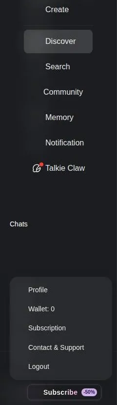 Talkie sidebar with the account menu open