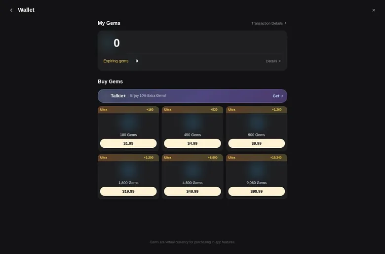 Talkie wallet with six gem packs and bonus tags