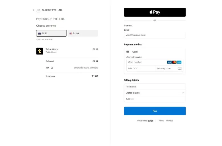 Stripe checkout for the smallest Talkie gem pack