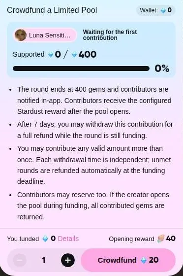 Talkie crowdfund panel with a 400-gem funding bar and rules