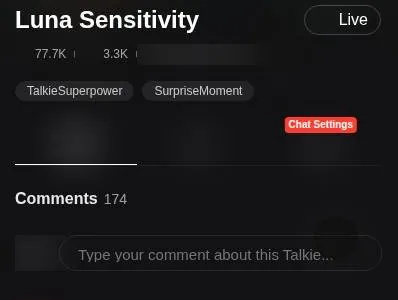 Talkie character side panel with tags and comment count