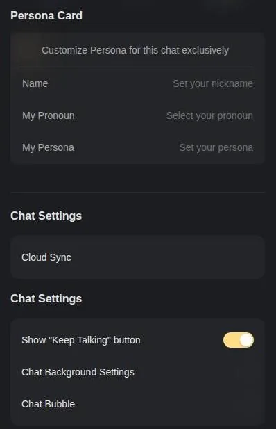 Talkie chat settings panel with persona card and chat options