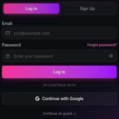 Uncensy sign-in form with email and password fields, a Google button and a continue-as-guest link