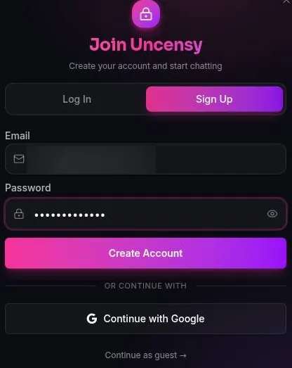 Uncensy Join form with an email field, a masked password field and a Create Account button