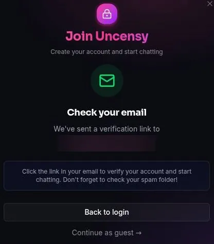 Uncensy screen confirming that a verification link was sent by email