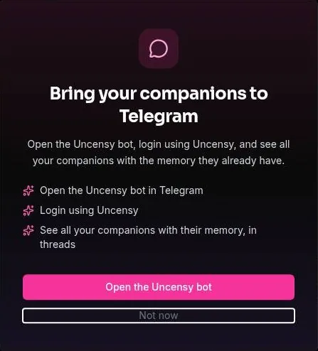 Popup inviting users to open the Uncensy bot in Telegram, with Open and Not now buttons