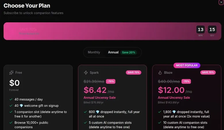 Uncensy plan chooser in annual view with Free, Spark and Blaze cards and a countdown timer