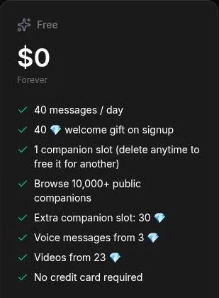 Uncensy Free plan card listing daily messages, welcome diamonds, one companion slot and per-use costs