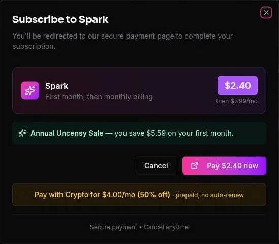 Uncensy Subscribe to Spark confirmation dialog with card and crypto payment options