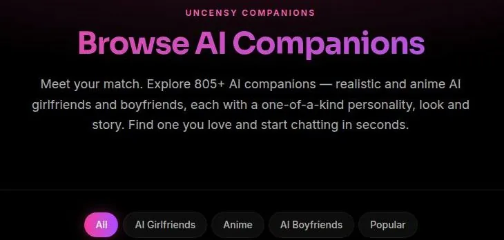 Uncensy Browse AI Companions header with category tabs