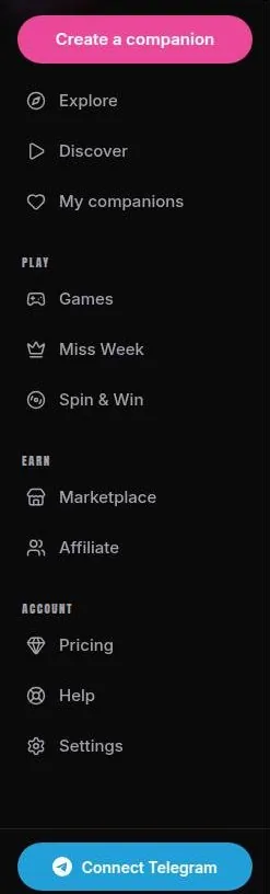 Uncensy sidebar menu with Explore, Play, Earn and Account sections and a Connect Telegram button