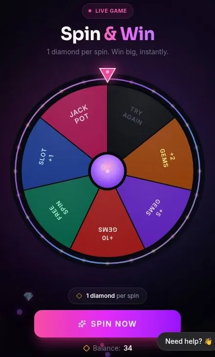 Uncensy Spin and Win prize wheel with jackpot, gem and free-spin slices