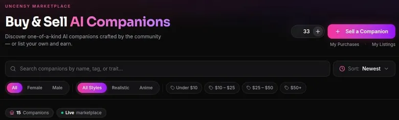 Uncensy marketplace header with search, filters and a Sell a Companion button
