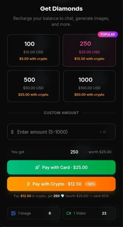 Uncensy Get Diamonds store with four packs, a custom amount field, and card and crypto buttons