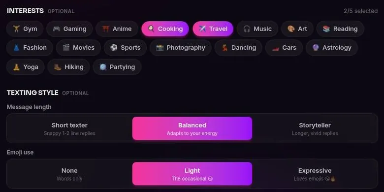 Builder options for interests, message length and emoji use