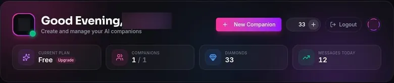 Uncensy dashboard stats: Free plan, one of one companion slots used, diamond balance and messages today