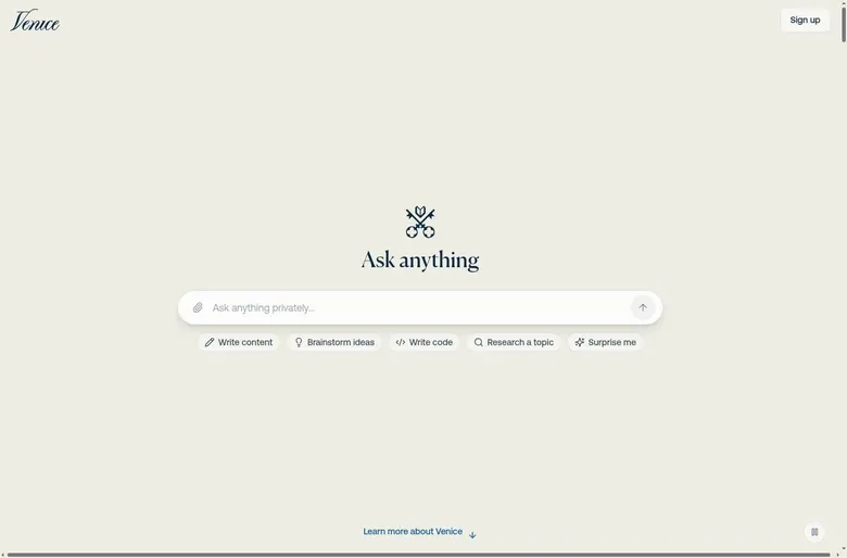 Venice home page with an Ask anything prompt box and suggestion chips