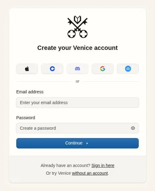 Venice create account form with social, wallet and email sign-up options