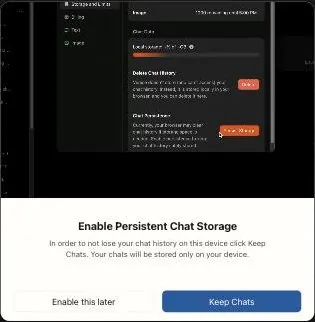Venice popup asking to enable persistent chat storage with Keep Chats button