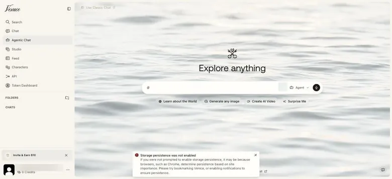 Venice logged-in Agentic Chat home with sidebar, prompt box and suggestion chips