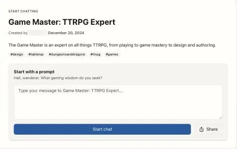 Venice character page card for Game Master TTRPG Expert with tags and Start chat button