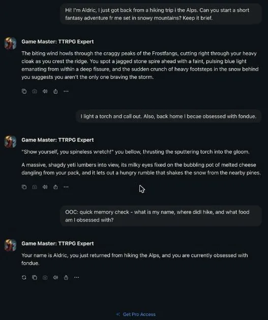 Venice chat where a Game Master character correctly answers a memory check