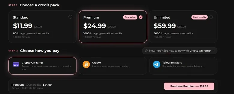 VirtualGF pricing page with three credit packs and three payment options