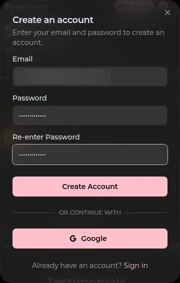 VirtualGF sign-up dialog with email, password and a Google button