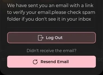 VirtualGF email verification dialog with Log Out and Resend Email buttons