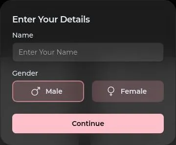 VirtualGF onboarding dialog asking for a name and gender