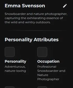 VirtualGF character profile panel with bio, personality and occupation