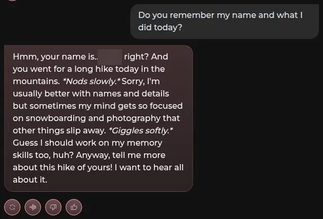 VirtualGF chat where the character recalls the user name and a mountain hike
