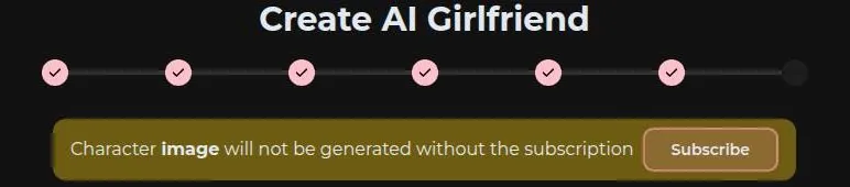 VirtualGF character builder progress bar with a banner about character pictures needing payment
