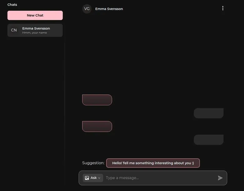 VirtualGF chat list showing a single preset character after the builder was completed