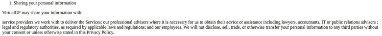 VirtualGF privacy policy section on who personal data is shared with