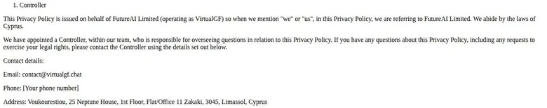 VirtualGF privacy policy contact block with an unfilled phone placeholder