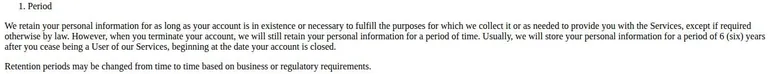 VirtualGF privacy policy paragraph on keeping data six years after account closure
