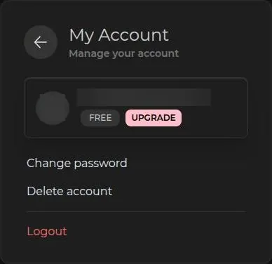 VirtualGF account page with a free plan badge and a delete account link