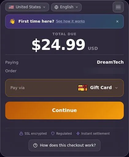 Third-party checkout page showing the payee DreamTech and a gift card payment option