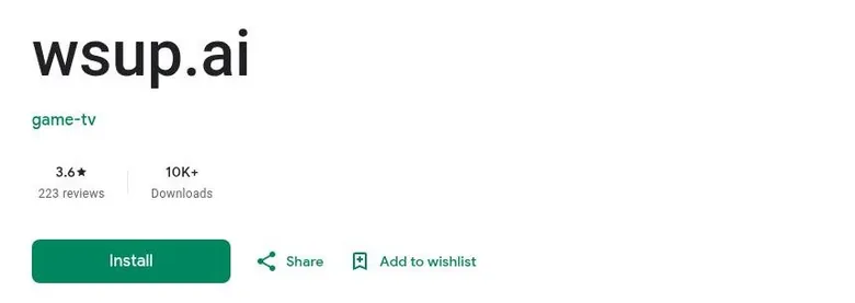 Google Play listing header for wsup.ai with rating, download count and Install button