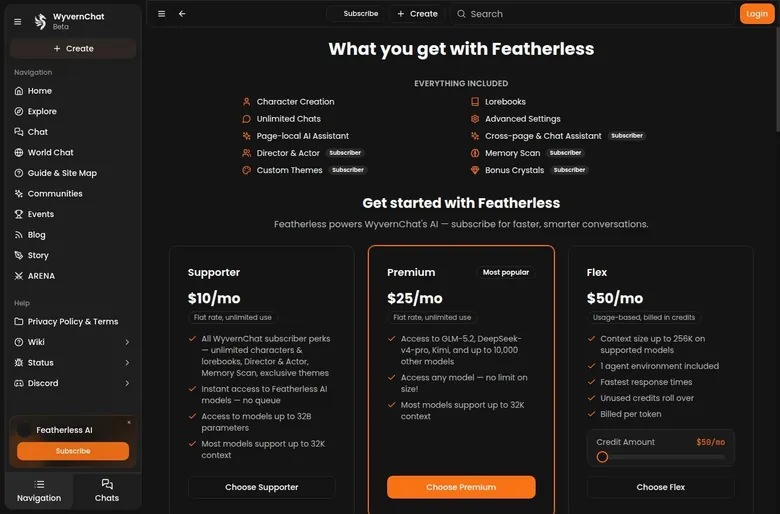 WyvernChat plans page with three Featherless plan cards and a list of features marked for subscribers