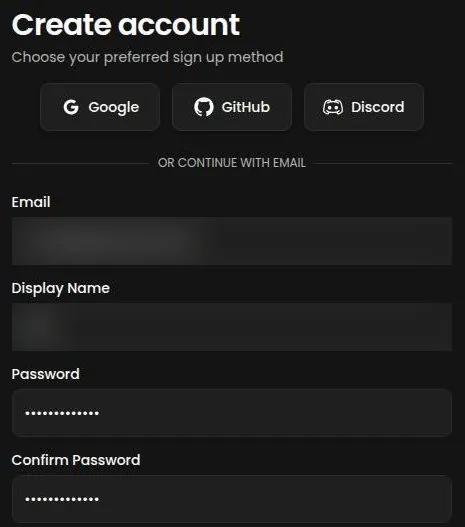 WyvernChat create account form with Google, GitHub and Discord buttons and e-mail fields