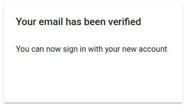 Plain confirmation card saying the e-mail address has been verified